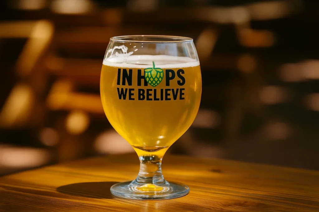 Glass med gyllen øl står i sollys på et trebord, med teksten "In hops we believe" trykket på glasset.