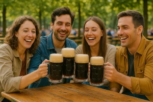 Fire glade venner skåler med store glass krus fylt med mørk Schwarzbier i en grønn ølhage, med trær og uteservering i bakgrunnen.