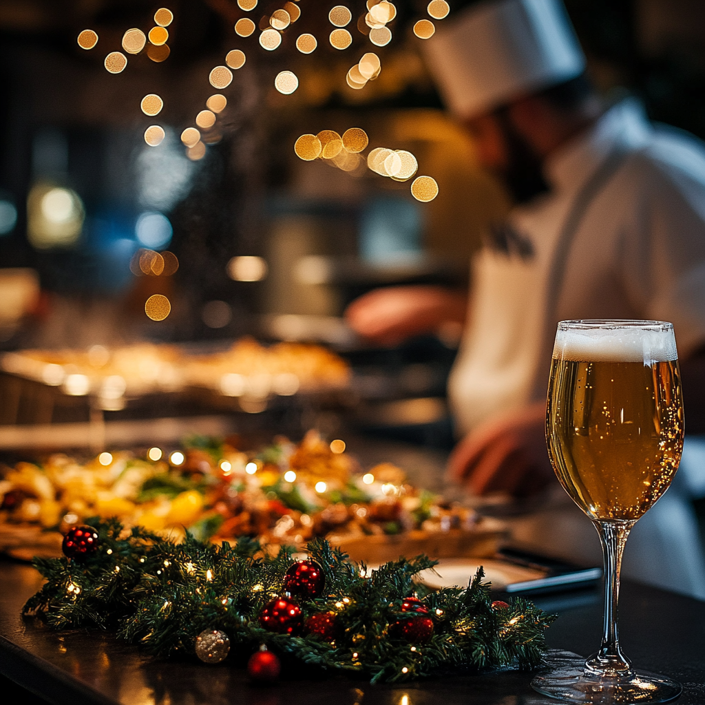 Kokk lager julemat med øl i forgrunnen
