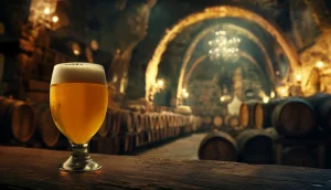 Glass med øl i en kjeller med eikefat. Dunkel belysning.