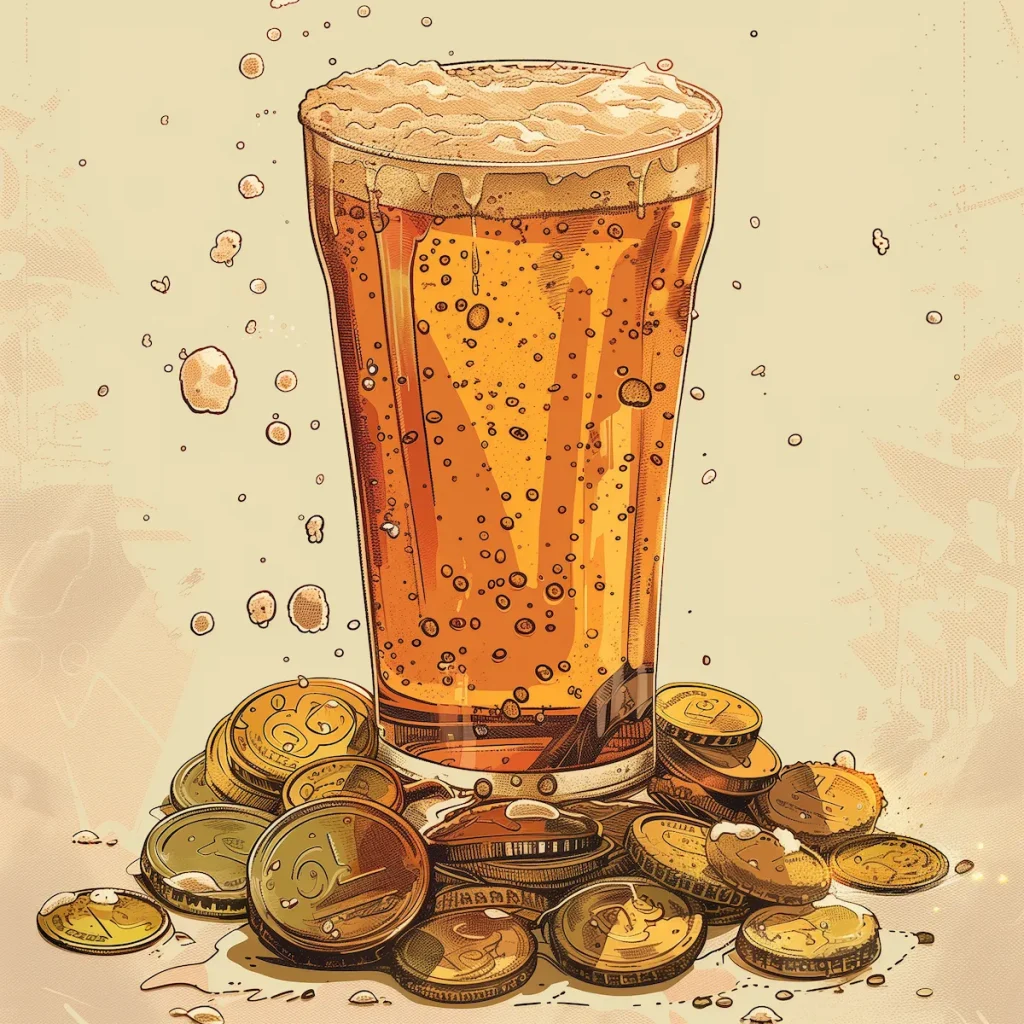 Illustrasjon av et pintglass med øl som står omgitt av mynter, symboliserer kostnaden eller avgifter knyttet til øl eller alkohol.