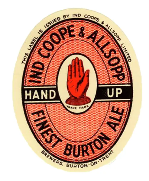 Historisk øletikett fra Ind Coope & Allsopp med teksten "Hand Up – Finest Burton Ale", dekorert med en rød oppreist hånd som varemerke.