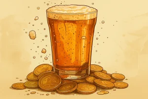 Illustrasjon av et pintglass med øl som står omgitt av mynter, symboliserer kostnaden eller avgifter knyttet til øl eller alkohol.