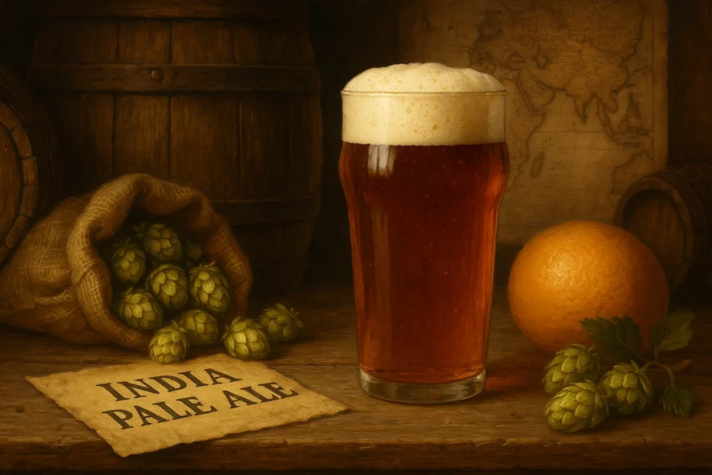 Et glass ravfarget India Pale Ale (IPA) med kremet skumhode står på et trebord omgitt av humlekongler, en appelsin, en sekk med humle og en papirlapp merket "India Pale Ale", med gamle tretønner og et verdenskart i bakgrunnen.