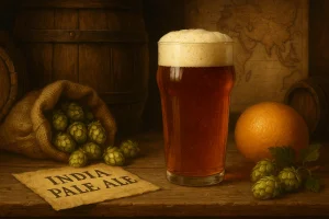 Et glass ravfarget India Pale Ale (IPA) med kremet skumhode står på et trebord omgitt av humlekongler, en appelsin, en sekk med humle og en papirlapp merket "India Pale Ale", med gamle tretønner og et verdenskart i bakgrunnen.